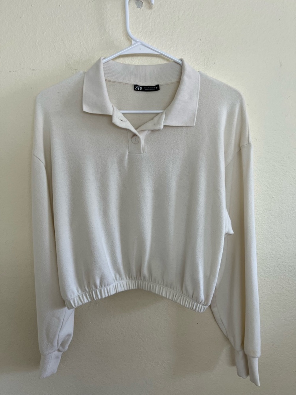 Zara Plush Collared Textured Rib-knit Long Sleeve Sweatshirt White Size Small
